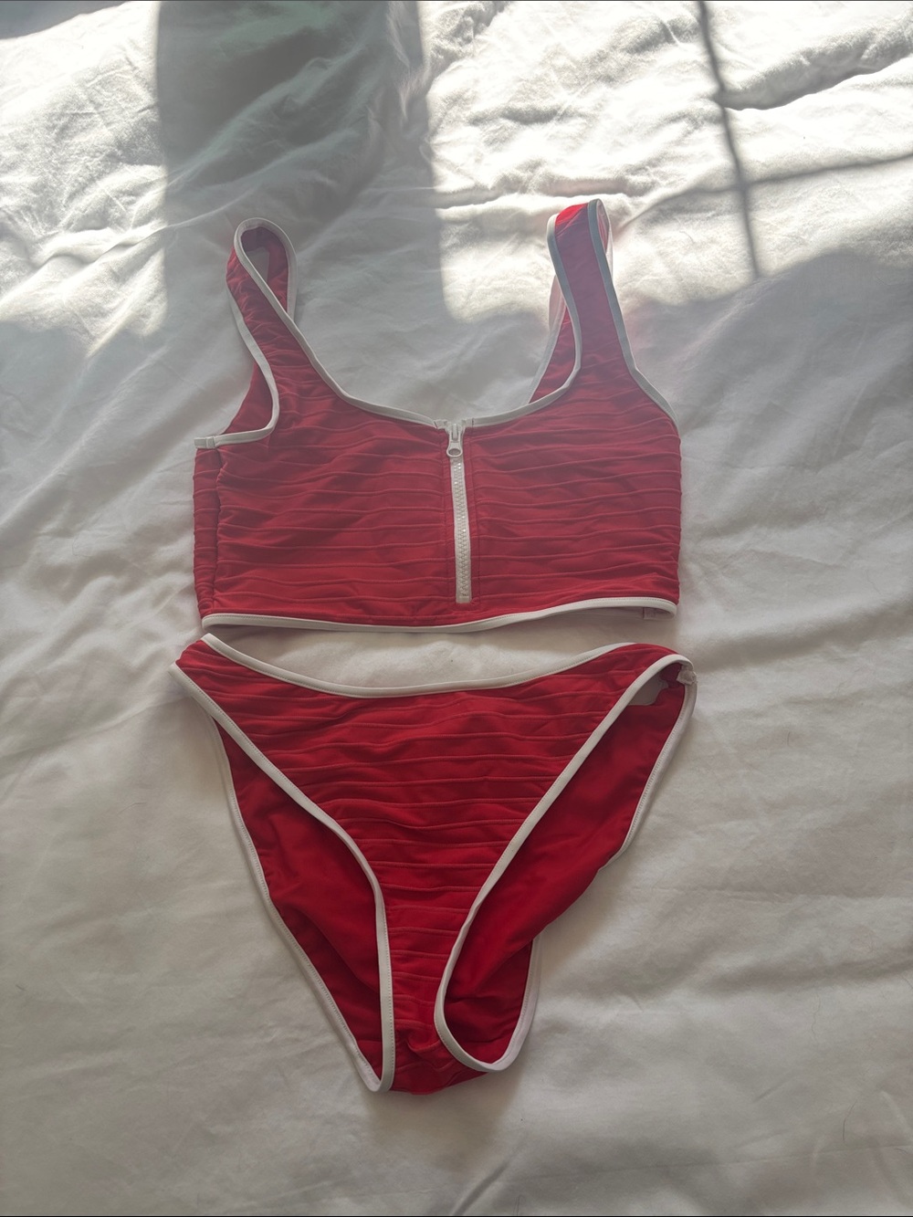Show Me Your MuMu Red Ribbed Bikini Set with White Trim and Front Zip